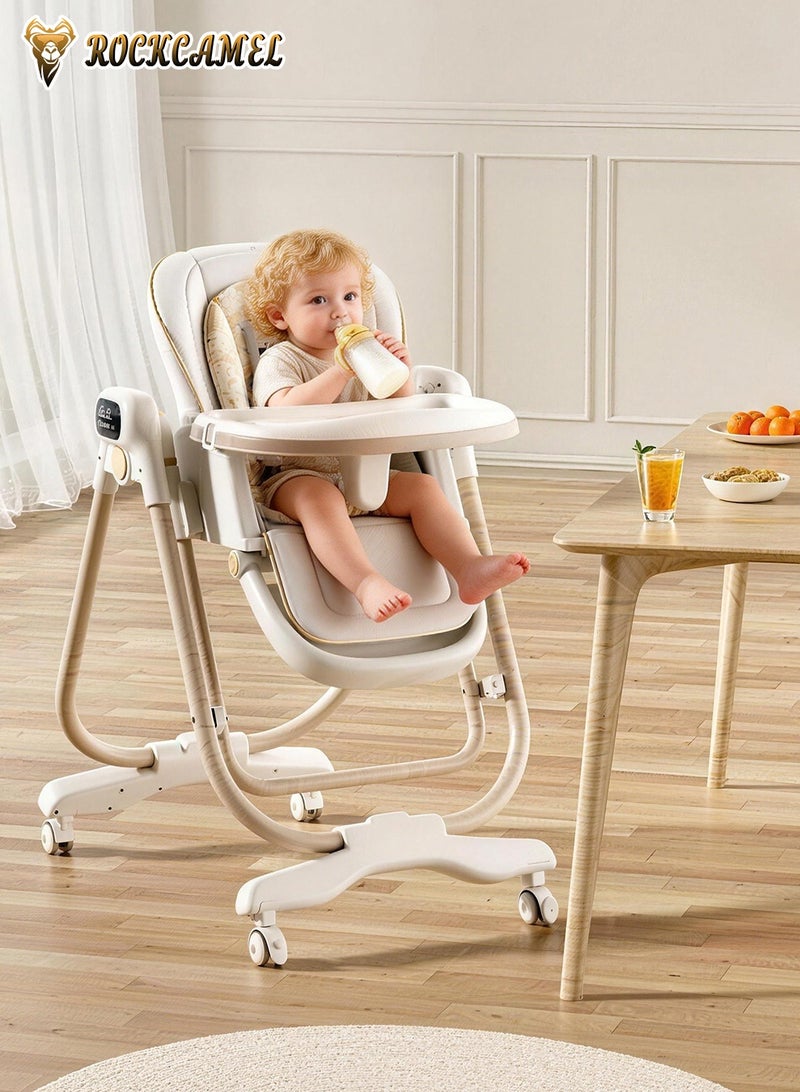 ROCKCAMEL 2-in-1 Electric Baby High Chair & Rocker with Remote Control, 8-Level Rocking Speed & Height Adjustment, Rechargeable Rocking Chair with Wheels, 3-Stage Timer & Music, Foldable Infant Feeding Chair(White) - Image 3